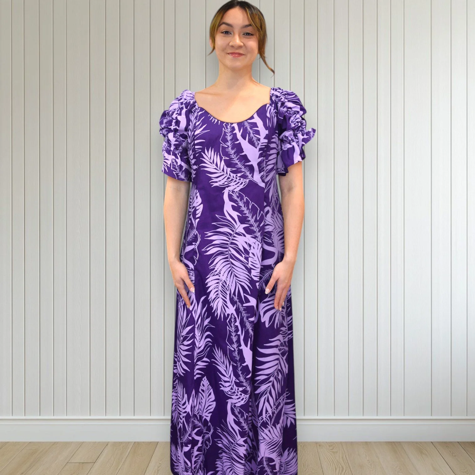 【美品 ハワイ製 フラダンス衣装】パープル Princess Kaiulani 新品タグ付き Princess Kaiulaniハワイアン ムームー フラ衣装
